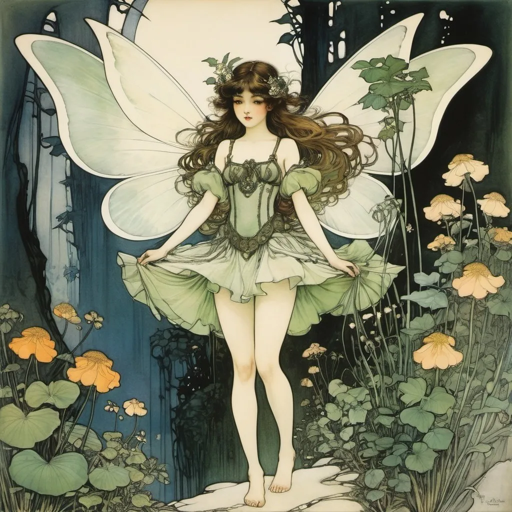 Prompt: Arthur Rackham, Leon Bakst, Surreal, mysterious, strange, fantastical, fantasy, Sci-fi, Japanese anime, miniskirt princess of the plant world, perfect voluminous body, little fairies serving princess, detailed masterpiece 