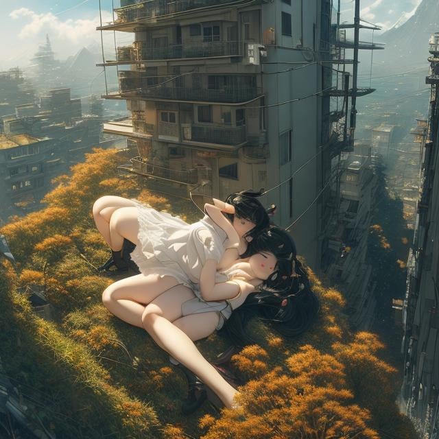 Prompt: Katsuhiro Otomo, Heath Robinson, Esao Andrews , Surreal, mysterious, strange, fantastical, fantasy, Sci-fi, fantasy, anime, urban area, a 100 meter tall beautiful girl in a miniskirt sleeping lying in the valley between buildings, perfect voluminous body, normal sized boys climbing on the body of a beautiful girl, hyper detailed masterpiece high resolution definition quality depth of field cinematic lighting 