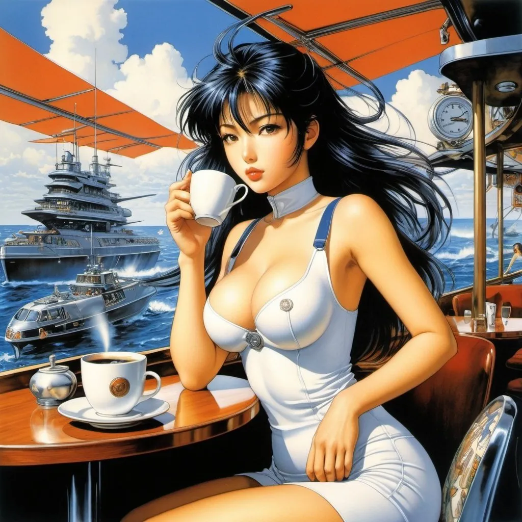 Prompt: Naoyuki Kato, Masamune Shirow, Jim Burns, Erik Drudwyn, Olivia De Berardinis, Alain Aslan, Surrealism, wonder, strange, bizarre, fantasy, Sci-fi, Japanese anime, Pisces sinking into a coffee cup, comet mobile cafe, beautiful high school girl in mechanical clothes, perfect voluminous body, long time no see earth, detailed masterpiece hand coloured fine line drawings 