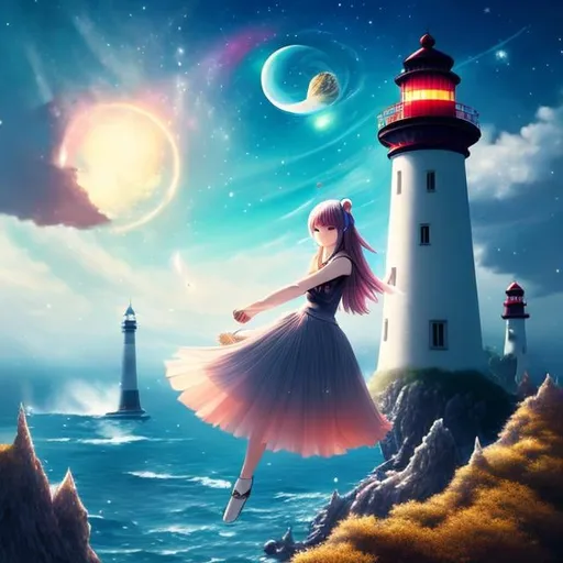 Prompt: Boris Indrikov, Shinya Komatsu, Surreal, mysterious, bizarre, fantastic, fantasy, Sci-fi, Japanese anime, beautiful girl in a miniskirt on a swing, perfect voluminous body, lighthouse in a storm, stars in the galaxy, hourglass, playing cat, 