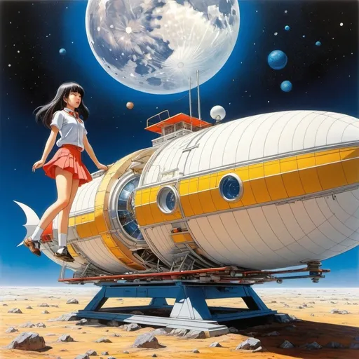 Prompt: Katsuhiro Otomo, Patryk Hardziej, James Albon, Shusei Nagaoka, Hannah Frank full colours, Surrealism, mysterious, strange, bizarre, fantasy, Sci-fi, Japanese anime, beautiful high school girl in a miniskirt stepping on the bellows of the sun, perfect voluminous body, solar system on a paper potter's wheel, moon boat, cross section, blueprint, detailed masterpiece 