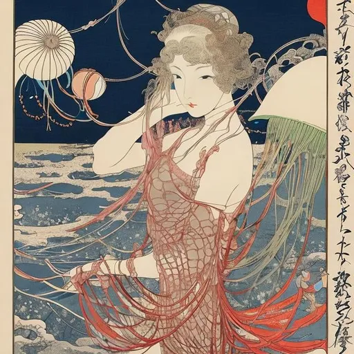 Prompt: Ukiyo-e style　Margaret Tarrant, Harry Clarke, Albert Robida　animesque　a girl Keeping comets　jellyfish　Moon and Sun Model　Outer Space Tank
