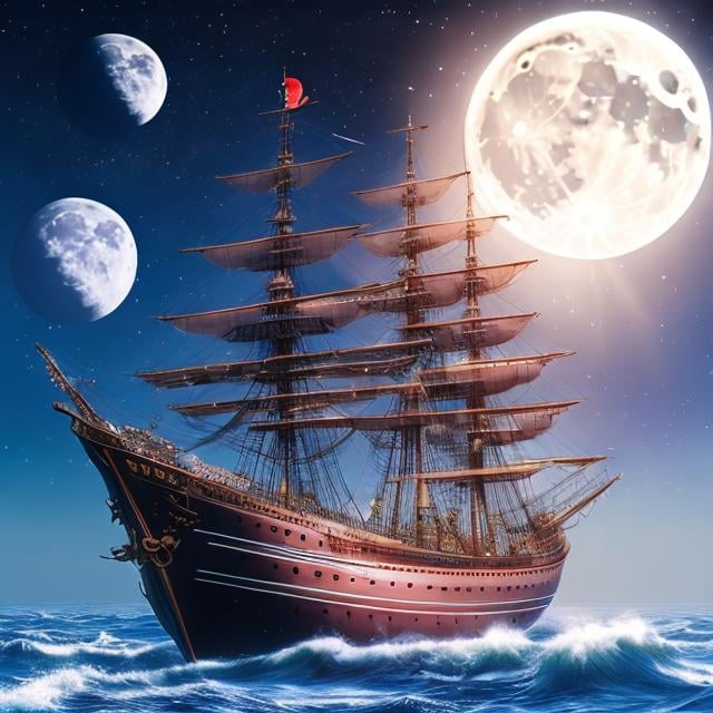 Prompt: Satomi Ichikawa, Grzegorz Rosiński, Surreal, mysterious, strange, fantastical, fantasy, Sci-fi, Japanese anime, sailing ship towing the full moon, sea of ​​stars in space, beautiful girl captain, perfect voluminous body, clock tower, detailed masterpiece high angles 