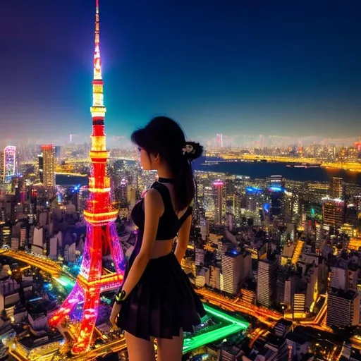 Prompt: Yoshitaka Amano, Michael Hague, Surreal Mystery Bizarre Fantastic Fantasy sci-fi,Japanese Anime, Night Rhythm, Moonlit Tokyo City, Skyscraper Night View, Neon Sign Tokyo Tower,  Dancing Miniskirt Beautiful Girl, Perfect voluminous Body, detailed masterpiece cinematic lighting bird’s eye view 