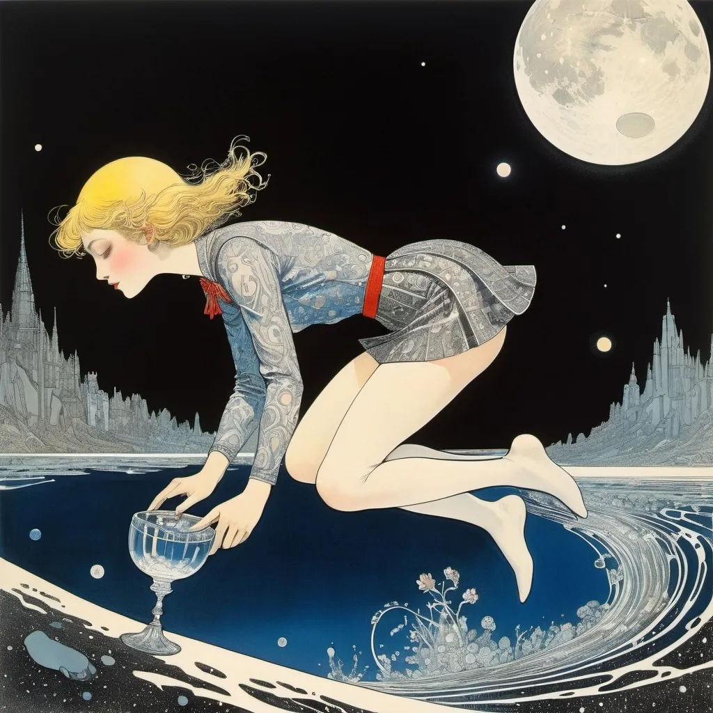 Prompt: Harry Clarke, Virgil Finlay, Elsa Beskow, Junaida, Maxwell Armfield, Surrealism Mysterious Weird Fantastic Fantasy Sci-Fi, Japanese Anime, Moon at the Bottom of a Cup, Beautiful blonde miniskirt girl Alice diving into liquid crystal, perfect voluminous body, detailed masterpiece 