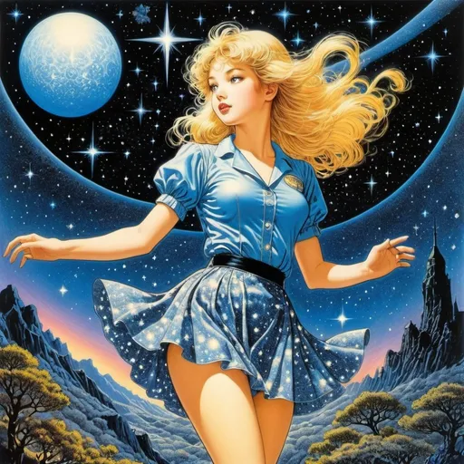 Prompt: Virgil Finlay full colours, Naoko Takeuchi, Surreal, mysterious, strange, fantastical, fantasy, sci-fi, Japanese anime, picking up stars in the sky, star-gathering blonde miniskirt beautiful girl Alice, detailed masterpiece 
