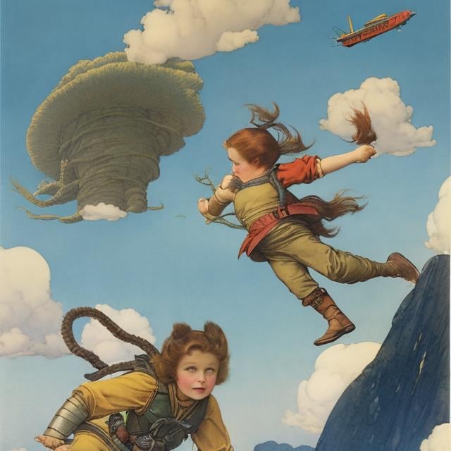 Prompt: Kate Greenaway, Jessie Willcox Smith Surreal Mysterious Strange Fantastic Fantasy Sci-Fi, Japanese Anime Giant Pancake Mountain Girl Climbing Blue Sky Clouds Biplane Bird's Eye View, details