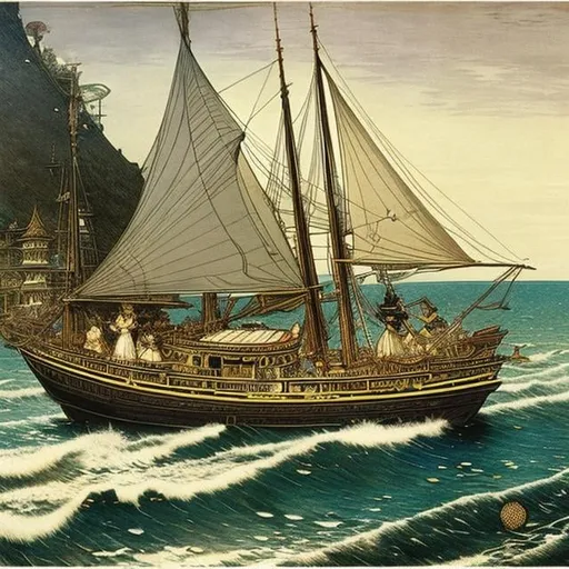 Prompt: Eugène Grasset, Richard Dadd, Arthur Rackham, Japanese Anime Mysterious Bizarre Fantastic Surreal Sci-fi Fantasy Full Moon Seaside Space Flying Sailing Ship Little Fairies Dance, hyperdetailed high resolution high definition high quality master