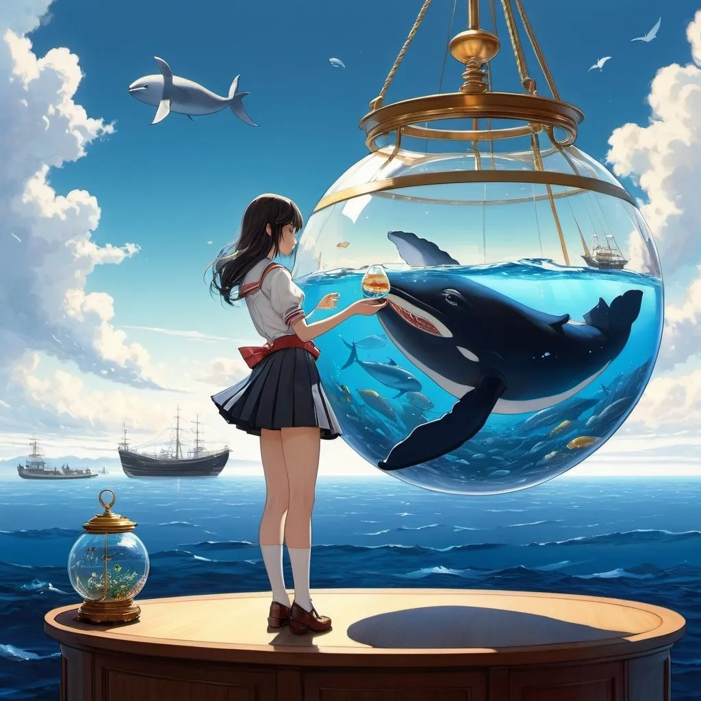Prompt: George Petty, Benjamin Jorj Harris, Surreal, mysterious, strange, fantastical, fantasy, sci-fi, Japanese anime, whale in a fishbowl, beautiful high school girl in a miniskirt feeding, perfect voluminous body, ship in the distance, detailed masterpiece 