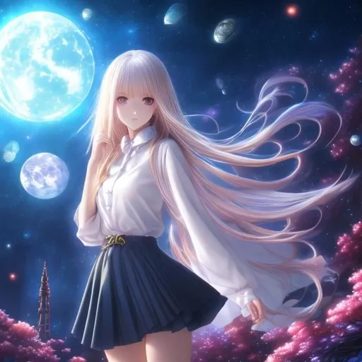Prompt: Hiroya Oku, Margaret Tarrant, Surreal, mysterious, strange, fantastical, fantasy, Sci-fi, Japanese anime, miniskirt blonde beautiful girl Alice, perfect body, whisperer in the darkness, cat punch in space, nanotechnology and quantum theory