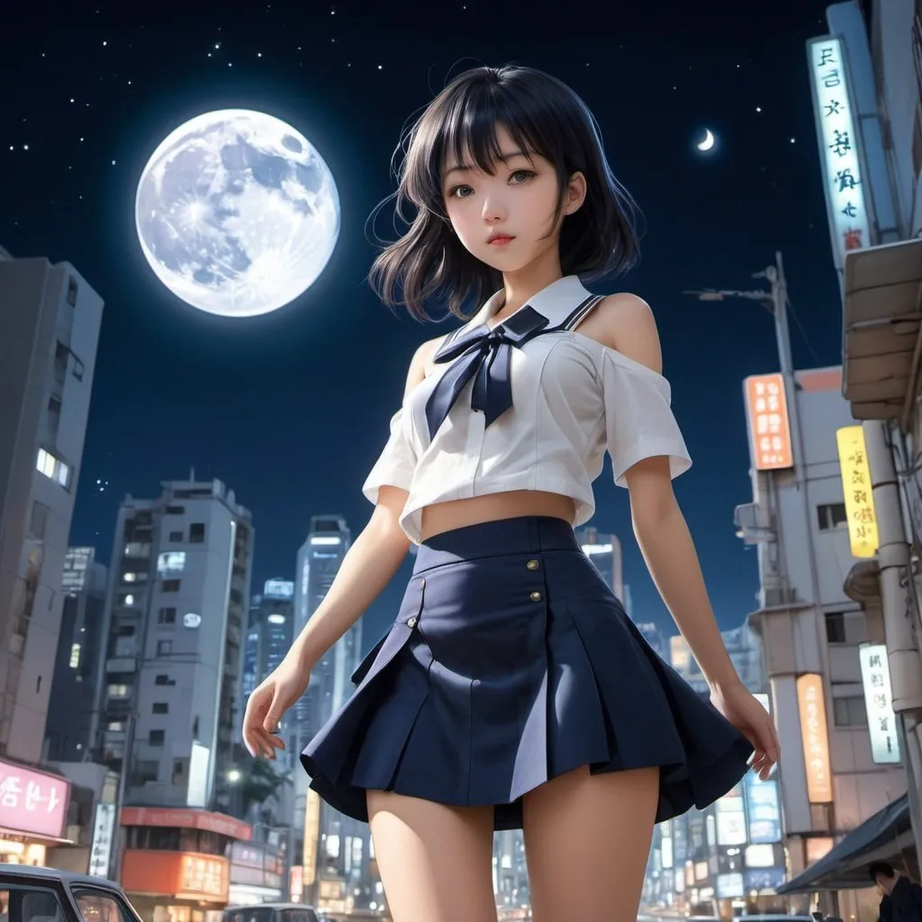 Prompt: Suzue Miuchi, Karl Korab, Surreal, mysterious, strange, fantastical, fantasy, Sci-fi, Japanese anime, city in the palm of your hand, crescent moon, night sleepwalking miniskirt beautiful girl, perfect voluminous body, detailed masterpiece 