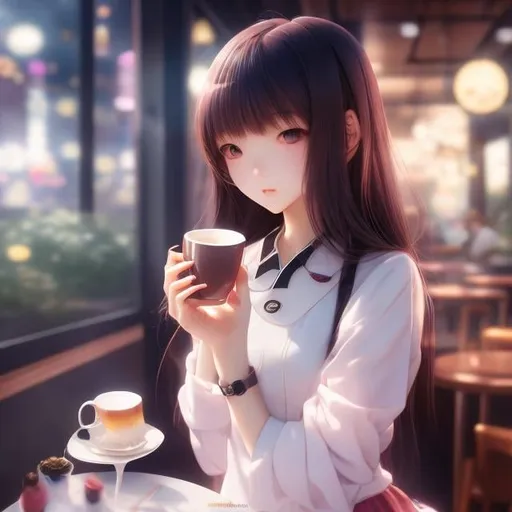Prompt: Daisuke Richard, Yuko Higuchi, Surreal, mysterious, strange, fantastical, fantasy, Sci-fi, Japanese anime, beautiful miniskirt high school girl, perfect body, pouring memories into a cup, in a cafe, hyper detailed masterpiece high resolution definition quality, depth of field cinematic lighting 