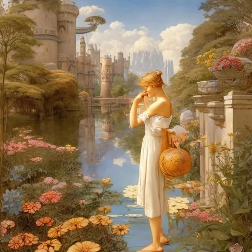 Prompt: Walter Crane, Richard Doyle, Jessie Willcox Smith, Surreal, mysterious, strange, fantastical, fantasy, Sci-fi, Japanese anime, beautiful blonde miniskirt girl from the trompe l'oeil world, Alice, perfect voluminous body, cat, tea party in the castle, molecular biology of recombinant DNA, hyper detailed masterpiece 