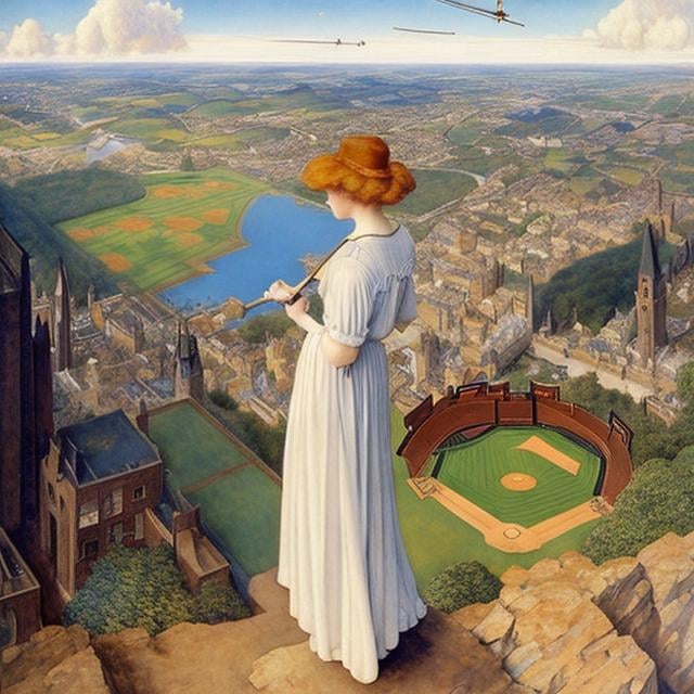 Prompt: Eleanor Fortescue-Brickdale, Anton Pieck, animesque　surreal　fanciful　wondrous　strange　Whimsical　Sci-Fi Fantasy　Of the Baseball　A town where people fall from the sky　Rescue team hitting it back with a bat