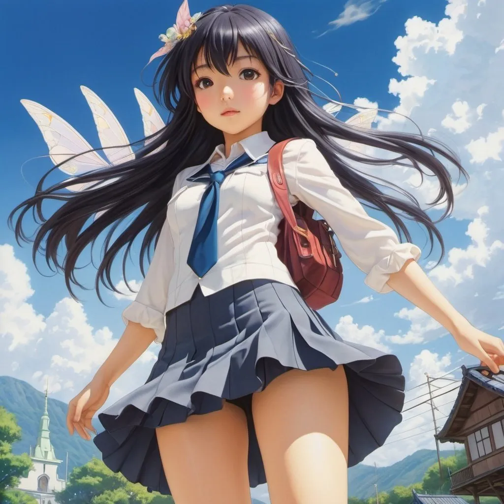 Prompt: Riyoko Ikeda, Chéri Hérouard, Surreal, mysterious, strange, fantastical, fantasy, Sci-fi, Japanese anime, fairy caravan, miniskirt beautiful high school girl, detailed masterpiece low high angles zoom in 