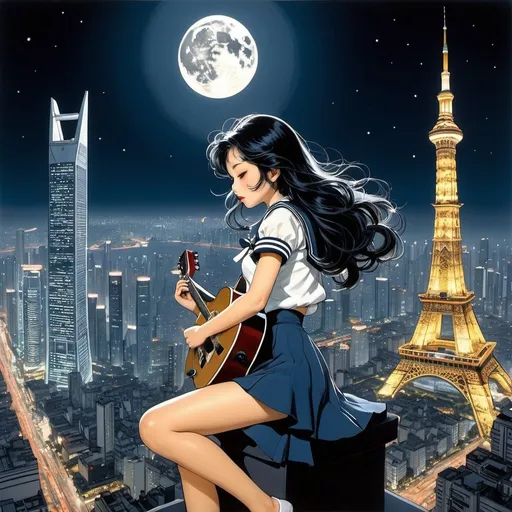 Prompt: Pierre Mourgue, Katsuya Terada, Surreal, mysterious, strange, fantastical, fantasy, sci-fi, Japanese anime, for some reason Shanghai skyscrapers, looking at the moon so round you could roll over it, a beautiful sailor girl in a miniskirt playing the guitar, perfect voluminous body, detailed masterpiece 