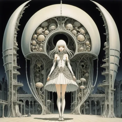 Prompt: Kay Nielsen, Tomoko Konoike, Louis Raemaekers, Akihiko Yoshida, Pat Andrea, Surrealism Mysterious Weird Fantastic Fantasy Sci-Fi, Japanese Anime, Living Structure, Molting from the shell, bone growth Beams, arches, domes, shells, structureing A beautiful high school girl in a miniskirt, perfect voluminous body, detailed masterpiece 