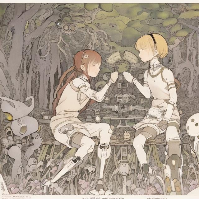 Prompt: Elsa Beskow　Japanese anime, Sci-fi fantasy, a girl arm wrestling with robot　Girl dominance　Beautiful face