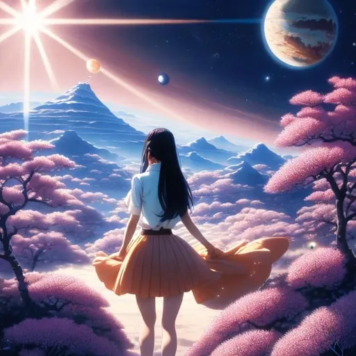 Prompt: Kaori Ozaki, Keith Parkinson, Surreal, mysterious, strange, fantastical, fantasy, Sci-fi, Japanese anime, microcosm in a drawer, beautiful girl in a miniskirt, returning to her hometown, perfect voluminous body, the fault line in the universe, detailed masterpiece
