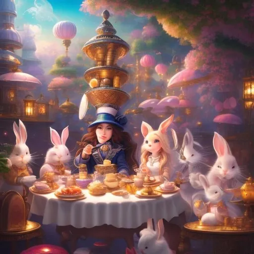 Prompt: François-Louis Schmied, Nanae Chrono, Surreal, mysterious, strange, fantastical, fantasy, Sci-fi, Japanese anime, seafood grilled tavern, beautiful blonde miniskirt girl Alice, drinking party with rabbits, the Mad Hatter, and the Queen of Hearts, detailed masterpiece 