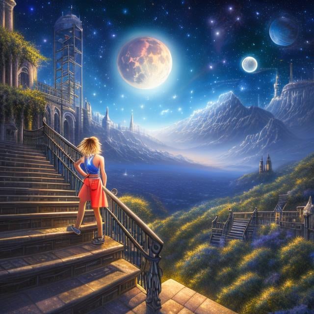 Prompt: John Stephens style, huge moon over sky, endless stair seems to reach to the moon, see galaxy in background, girl climbing stair, sci-fi, fantasy, anime,