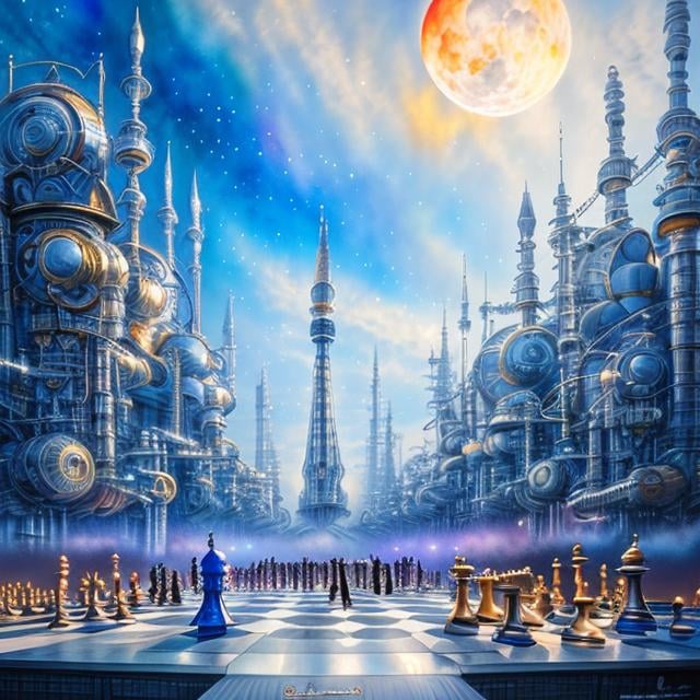 Prompt: John Stephens art style, watercolours like, detailed, sci-fi fantasy, surreal, weird, on huge chess board, girl running, robots, moon overhead, laser beam, 