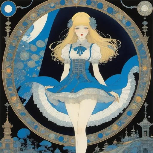 Prompt: Harry Clarke, Chiho Aoshima, Fabio Lyra, Heath Robinson, Shigeru Tamura, Surrealism, wonder, strange, fantastical, fantasy, Sci-fi, Japanese anime, blue shadow in the darkness, blueprint of mirror and afterimage, transmittance, blonde miniskirt beautiful girl Alice, perfect voluminous body, detailed masterpiece 