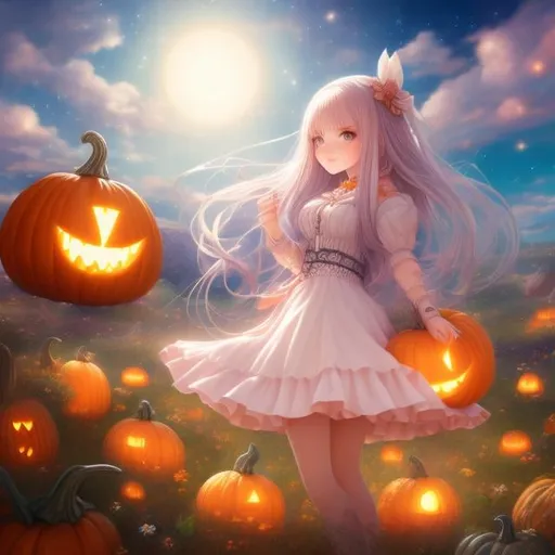 Prompt: Adrienne Segur, Heikala, Surreal, mysterious, strange, fantastical, fantasy, Sci-fi, Japanese anime, giant pumpkin in the pumpkin patch, airship in the starry sky, beautiful blonde miniskirt girl Alice looking up, perfect voluminous body, detailed masterpiece 