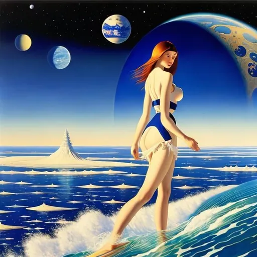 Prompt: Boris Kustodiev, Jean Giraud, Surreal, mysterious, strange, fantastic, fantasy, Sci-fi, Japanese anime, the blue planet Earth floating in the sea of ​​galaxies, humanity departing, miniskirt beautiful girl, perfect voluminous body, detailed masterpiece 