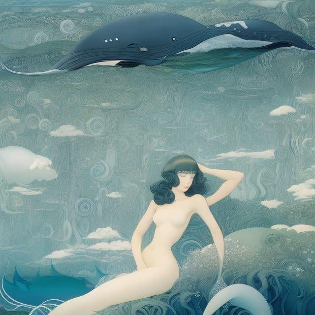 Prompt: Kay Nielsen, Heath Robinson, Mysterious Surreal Fantastic Fantasy Sci-Fi Fantasy Anime, Aerial Whale Walk, Miniskirt Beautiful Girl, perfect voluminous body, detailed masterpiece perspective angles bird’s eye views 