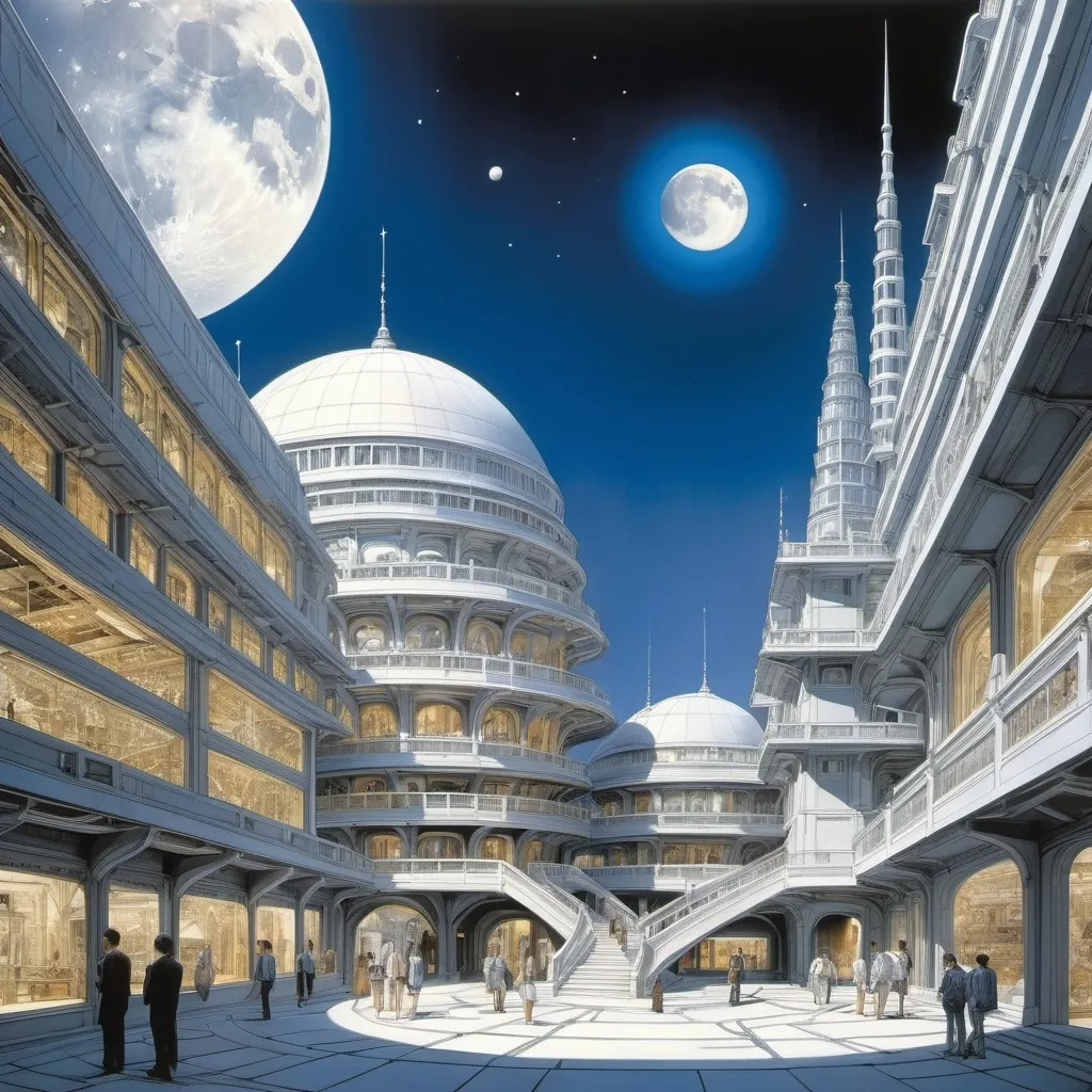 Prompt: Hajime Sorayama, Naoyuki Kato, Duilio Cambellotti, Fabrizio Clerici, Giovanni Omiccioli, Surrealism, wonder, strange, fantastical, fantasy, Sci-fi, Japanese anime, moon with concentric structure, architectural model of a museum city, blueprints, cross-sections, optical telescope of a miniskirt astronomical beautiful girl, perfect voluminous body, detailed masterpiece 