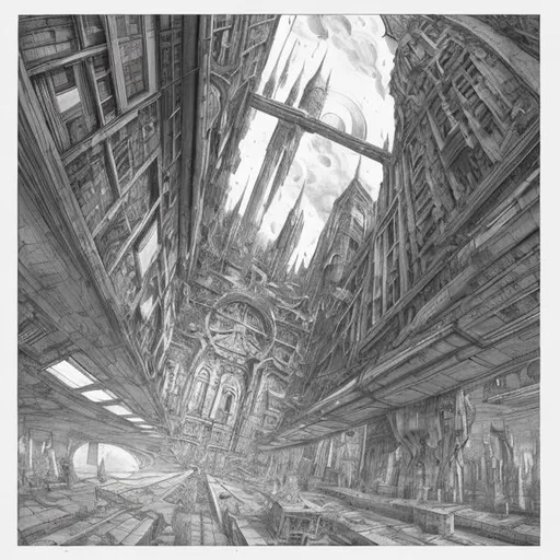 Prompt: Charles Doyle, Antonio Sant'Elia, Surreal, mysterious, strange, fantastical, fantasy, Sci-fi, Japanese anime, perspective of the lost sky, point/line perspective, parallel perspective foot method, 45° method of full-angle perspective, point method of full-angle perspective, oblique perspective Line perspective, shadow perspective/enlarged perspective, bird perspective, three-point perspective, beautiful blonde miniskirt girl Alice drawing a perspective view, detailed masterpiece 