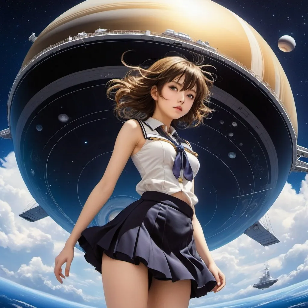 Prompt: Clara Miller Burd, Keiichi Okamoto, Surreal, mysterious, strange, fantastical, fantasy, Sci-fi, Japanese anime, ship carrying Saturn, miniskirt beautiful girl helmsman, perfect voluminous body, detailed masterpiece 