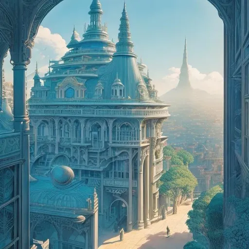 Prompt: François Schuiten, Katsuya Terada, Mabel Attwell, Surreal, mysterious, strange, fantastical, fantasy, Sci-fi fantasy, anime, rare camera, galloping beautiful lady, perfect voluminous body, riding a blue bus in spring, parquet, novels are huge architecture, detailed masterpiece 