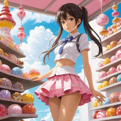 Prompt: Aquirax Uno, Shinichi Fukuda, Surreal, mysterious, strange, fantastical, fantasy, sci-fi, Japanese anime, miniskirt beautiful girl who builds a house made of sweets, sweets are a different matter, detailed masterpiece 