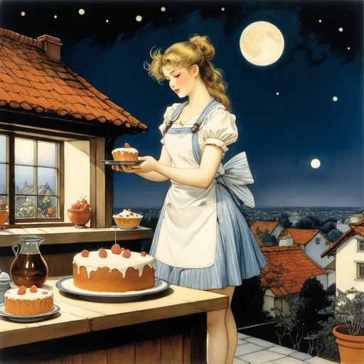 Prompt: Arthur Rackham, Fernando Botero, Jacobo Borges, Margaret Tempest, Kiichi Okamoto, Surrealism, strange, bizarre, fantastical, fantasy, sci-fi, Japanese anime, beautiful girl in a miniskirt apron baking a cake by collecting the light of the crescent moon with a lens, perfect voluminous body, the kitchen on the roof, cupids waiting for the cake to bake, detailed masterpiece 