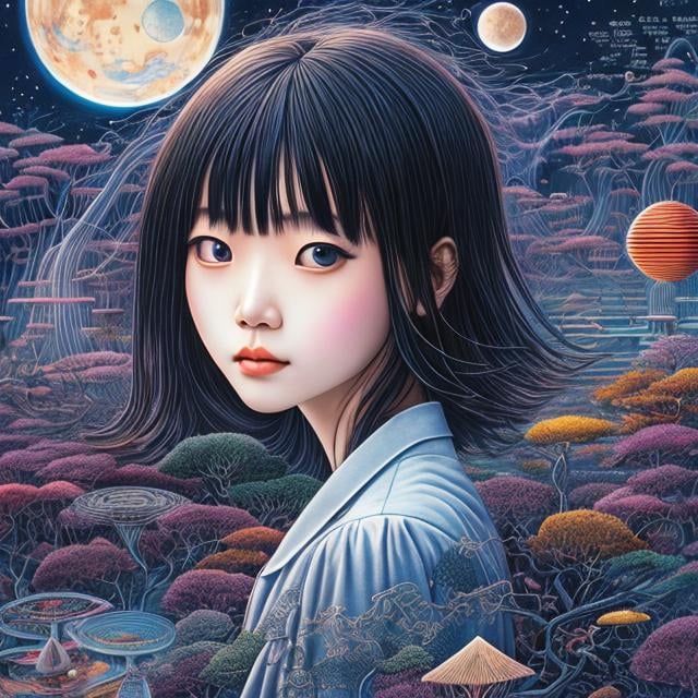 Prompt: Yuko Higuchi, Conroy Maddox, Surreal, mysterious, strange, fantastical, fantasy, Sci-fi, Japanese anime, the secrets of science, life, and language, the world that produces information, the age of chaos and complex systems, the mathematics of the "invisible", the beautiful girl who philosophizes, detailed masterpiece 