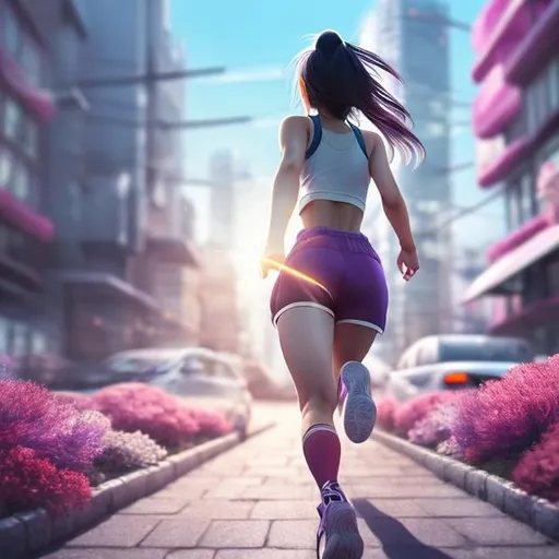 Prompt: Anato Finnstark, Yoshiko Nishitani, Surreal, mysterious, strange, fantastical, fantasy, Sci-fi, Japanese anime, futuristic city, beautiful Japanese girl running in the city early in the morning, gym clothes, bloomers, short hair, sweating, perfect body, the transparent light blue universe at sunrise, the faintly visible giant moon, far away flying boat floating in the sky, detailed masterpiece depth of field cinematic lighting 