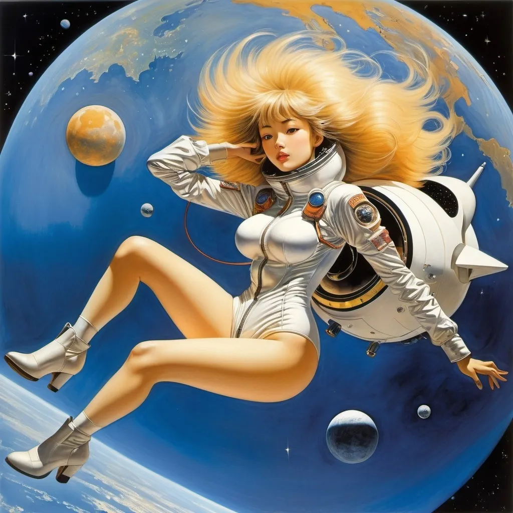 Prompt: Naoyuki Kato, Masamune Shirow, Léon Bakst, Jim Burns, Remedios Varo, Surrealism, wonder, strange, bizarre, fantasy, Sci-fi, Japanese anime, from the flat earth to the spherical moon, spaceship taking off, beautiful girl in space suit, perfect voluminous body, view from satellite orbit, detailed masterpiece 