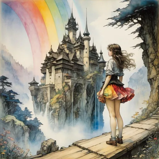 Prompt: Arthur Rackham, Hilary Knight, Surreal, mysterious, strange, fantastical, fantasy, Sci-fi, Japanese anime, beautiful abstract composition of wood and glass beads, mysterious castle, rainbow, miniskirt beautiful girl, perfect voluminous body, detailed masterpiece 