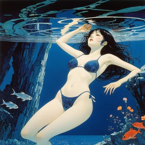 Prompt: Harry Clarke, Étienne Delessert, Mance Post, Johanna Schaible, Karl Walser, Emmanuelle Houdart, Takei Takeo, Philippe Robert, Surrealism Mysterious Weird Fantastic Fantasy Sci-fi, Japanese Anime Beautiful Girl Swimming in the Bright Darkness, perfect voluminous body, Classroom, detailed masterpiece 