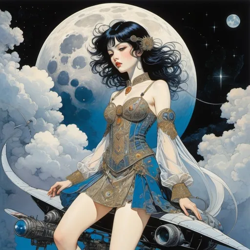 Prompt: Harry Clarke, Carles Garcia O'Dowd, Rohan Eason, Katsuya Terada, Kelly Freas, Surrealism, wonder, strange, bizarre, fantasy, Sci-fi, Japanese anime, velvet moon, miniskirt beautiful girl airplane rider, perfect voluminous body, from the earth to the moon, crystal veins among the clouds, detailed masterpiece low high angles perspectives 