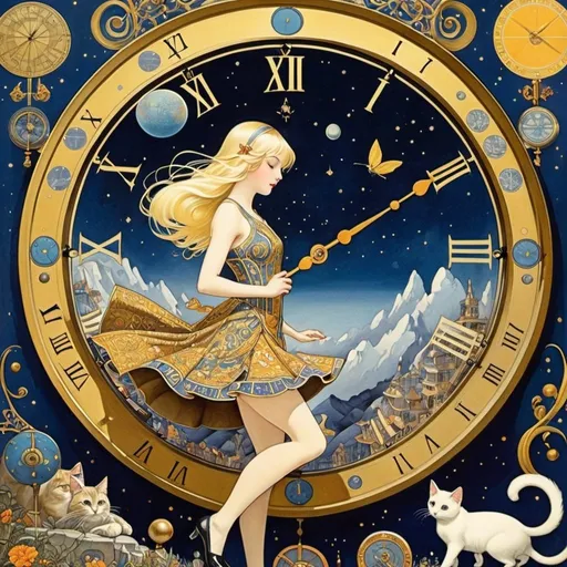 Prompt: Vladimir Konashevich, Virginia Frances Sterrett, Surreal, mysterious, bizarre, fantastical, fantasy, Sci-fi, Japanese anime, linguistic alchemy and esoteric combination techniques, journey to the bottom of the world, astronomical clock, blonde miniskirt beautiful girl Alice, perfect voluminous body, cat, detailed masterpiece 