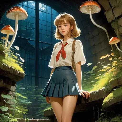Prompt: Michael Hague, Wayne Anderson full colours, Leo Morey, Surreal, mysterious, strange, fantastical, fantasy, Sci-fi, Japanese anime, night in the basement, catching the spring tail, light mushroom, dream location discovery device, miniskirt beautiful high school girl, cute perfect body, detailed masterpiece 
