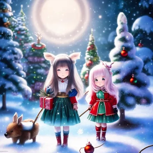 Prompt: Mabel Attwell, Keiko Takemiya, James Jean, Surreal, mysterious, strange, fantastical, fantasy, sci-fi, Japanese anime, dwarfs carrying a Christmas tree, beautiful blonde miniskirt girl Alice preparing for Christmas, perfect voluminous body, along with the reindeer, detailed masterpiece 