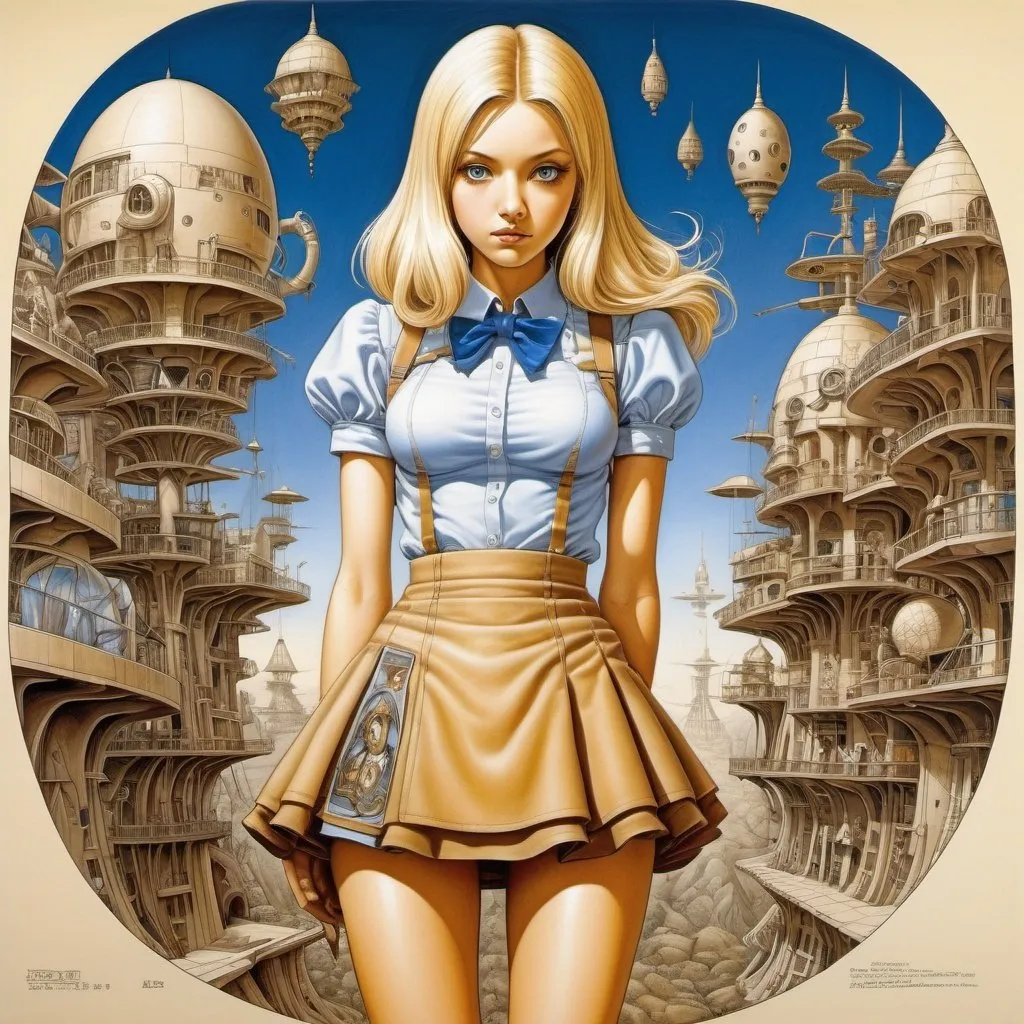 Prompt: Octavio Ocampo, Annibale Siconolfi, Surreal, mysterious, strange, fantastical, fantasy, Sci-fi, Japanese anime, the world behind the lens, optical component blueprints, beautiful blonde miniskirt girl Alice, perfect voluminous body, perspective drawing and perspective, detailed masterpiece colours hand drawings 