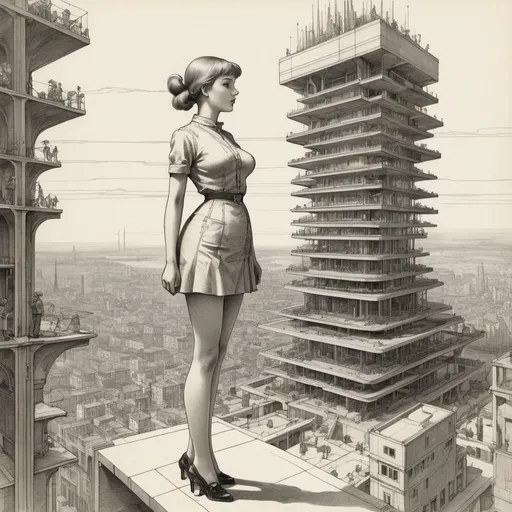 Prompt: Heath Robinson, Albert Speer, Bruno Taut, Karl Friedrich Schinkel, Le Corbusier, Leo von Klenze, Santiago Calatrava, Surrealism, strange, bizarre, fantastical, fantasy, Sci-fi, Japanese anime, drawing the blueprint of the city in the sky, future city planning, perspective drawing, cross-sectional drawing, three-point perspective, miniskirt beautiful girl architect, perfect voluminous body, ideal architecture, hand coloured line drawings detailed masterpiece 