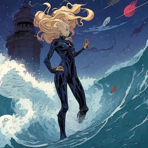 Prompt: Mike Mignola, Surreal, mysterious, strange, fantastical, fantasy, Sci-fi, Japanese anime, The sea and lighthouse at the end of the universe, the galaxy can be seen in the sky, a beautiful body suit surfer is enjoying surfing, long blonde hair, perfect voluminous body, action poses, hyper detailed high resolution definition quality, depth of field cinematic lighting 