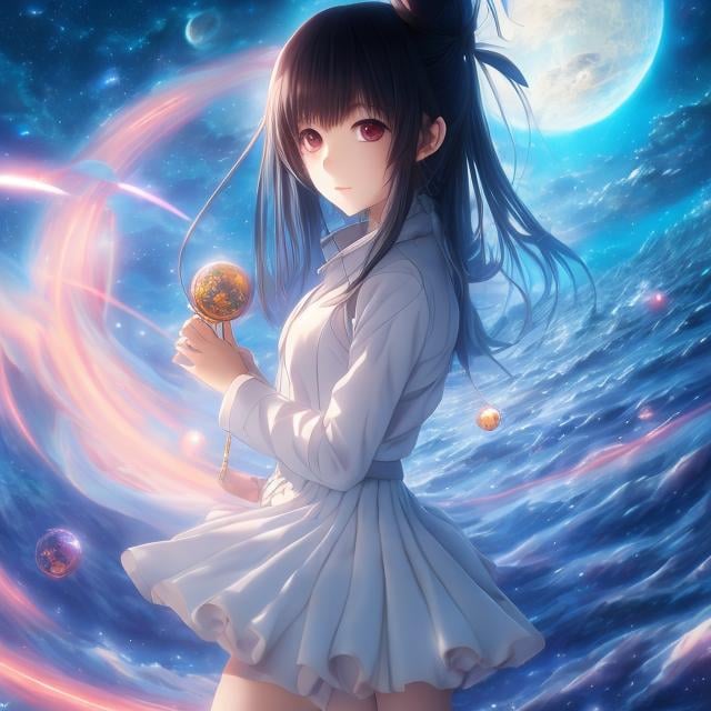 Prompt: Shinya Komatsu, Hideo Azuma, Surreal, mysterious, strange, fantastical, fantasy, Sci-fi, Japanese anime, God Gun, a ship that sails on the sea of ​​space, time flowing from the future to the past, the melancholy of a beautiful girl in a miniskirt, perfect voluminous body, hyper detailed masterpiece high resolution definition quality depth of field cinematic lighting 