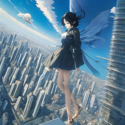 Prompt: Masamune Shirow, Katsuhiro Otomo, Hiroshi Masumur, James Jean, Surreal, mysterious, strange, fantastical, fantasy, sci-fi, Japanese anime, a small flying boat about to land on a helipad on the roof of a skyscraper, a beautiful girl in a miniskirt standing at the edge of the helipad looking up at the flying boat, perfect voluminous body, bird's eye view, hyper detailed masterpiece high resolution definition quality, depth of field cinematic lighting 